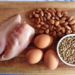 A selection of protein-rich foods including eggs, chicken, almonds and lentils