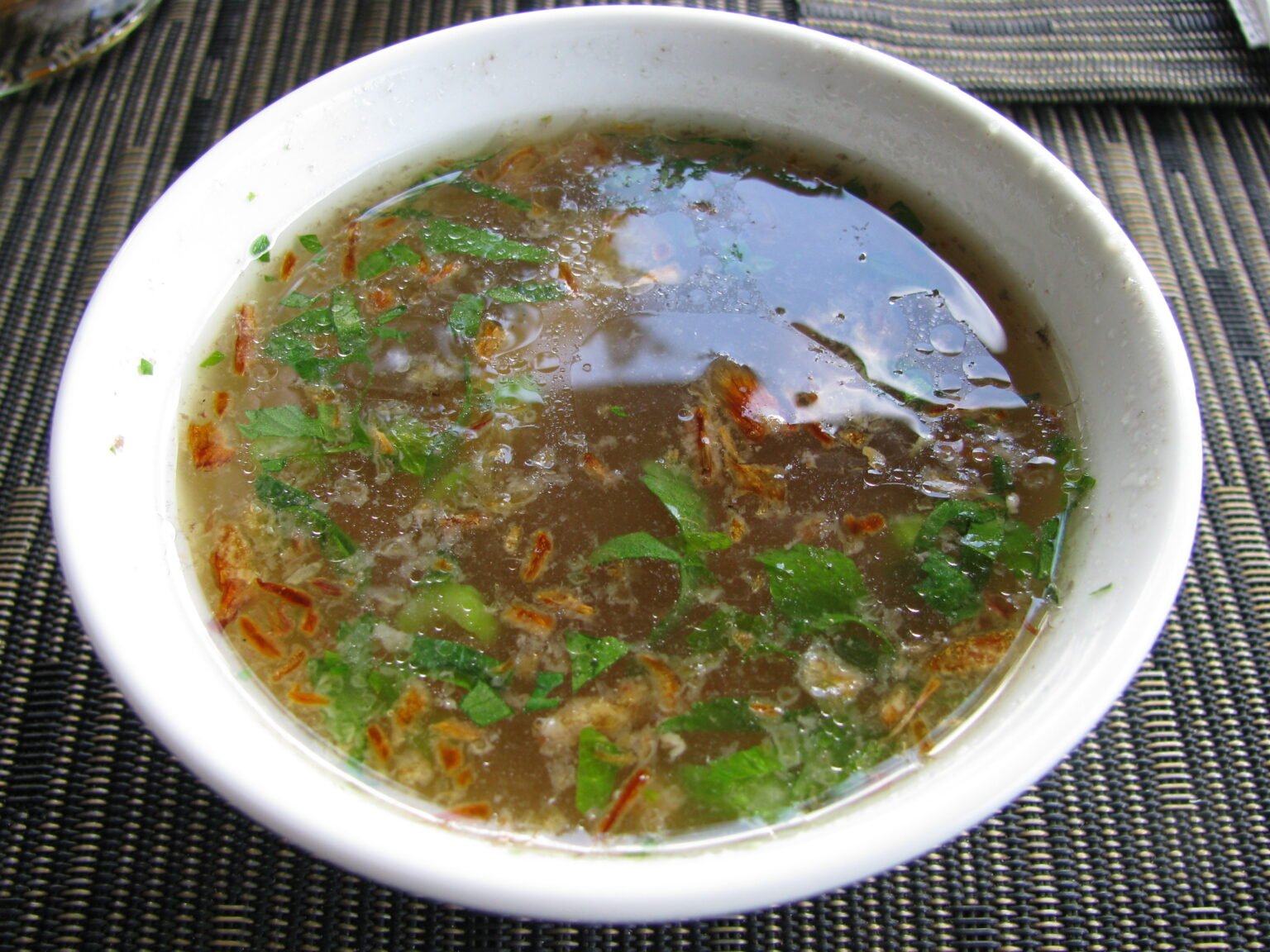 Semangkuk sup ayam jernih bertabur daun hijau dan bawang goreng.