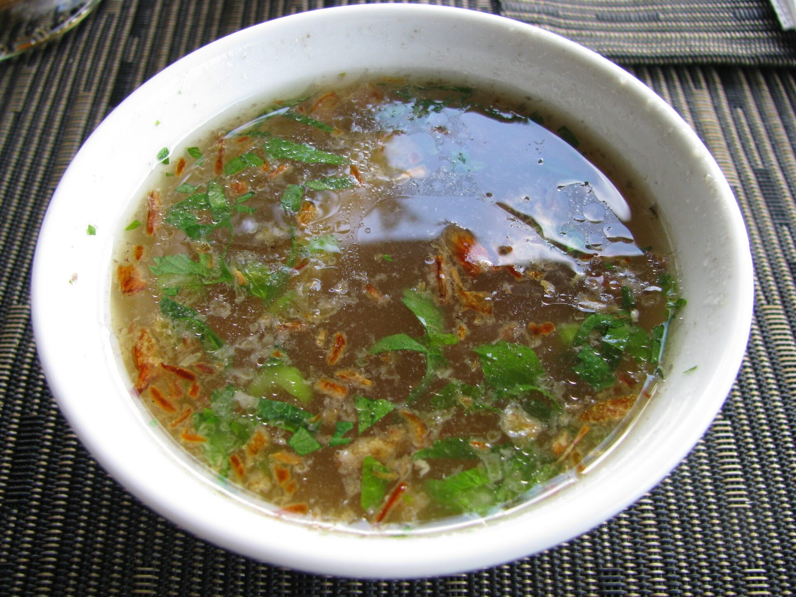 Semangkuk sup ayam jernih bertabur daun hijau dan bawang goreng.