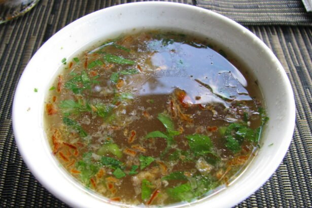 Semangkuk sup ayam jernih bertabur daun hijau dan bawang goreng.