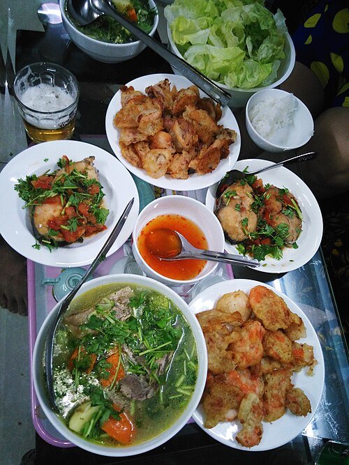 An everyday Vietnamese family meal with several shared dishes