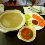 Ambuyat and dipping sauces served in Bandar Seri Begawan, Brunei