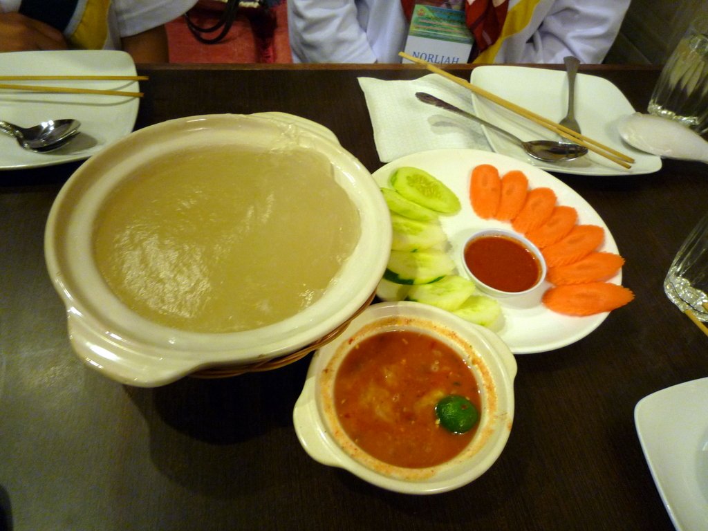 Ambuyat and dipping sauces served in Bandar Seri Begawan, Brunei