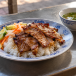 AI illustration of Cambodian grilled pork and rice with pickles and soup