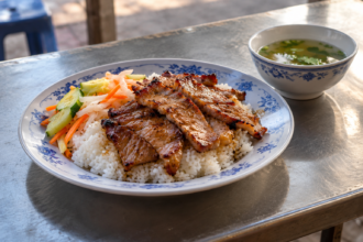 AI illustration of Cambodian grilled pork and rice with pickles and soup