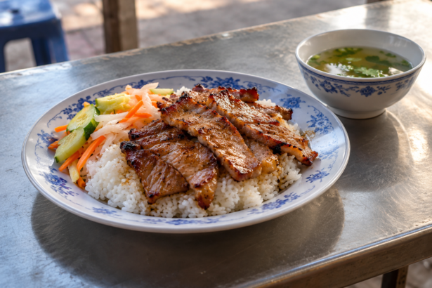 AI illustration of Cambodian grilled pork and rice with pickles and soup