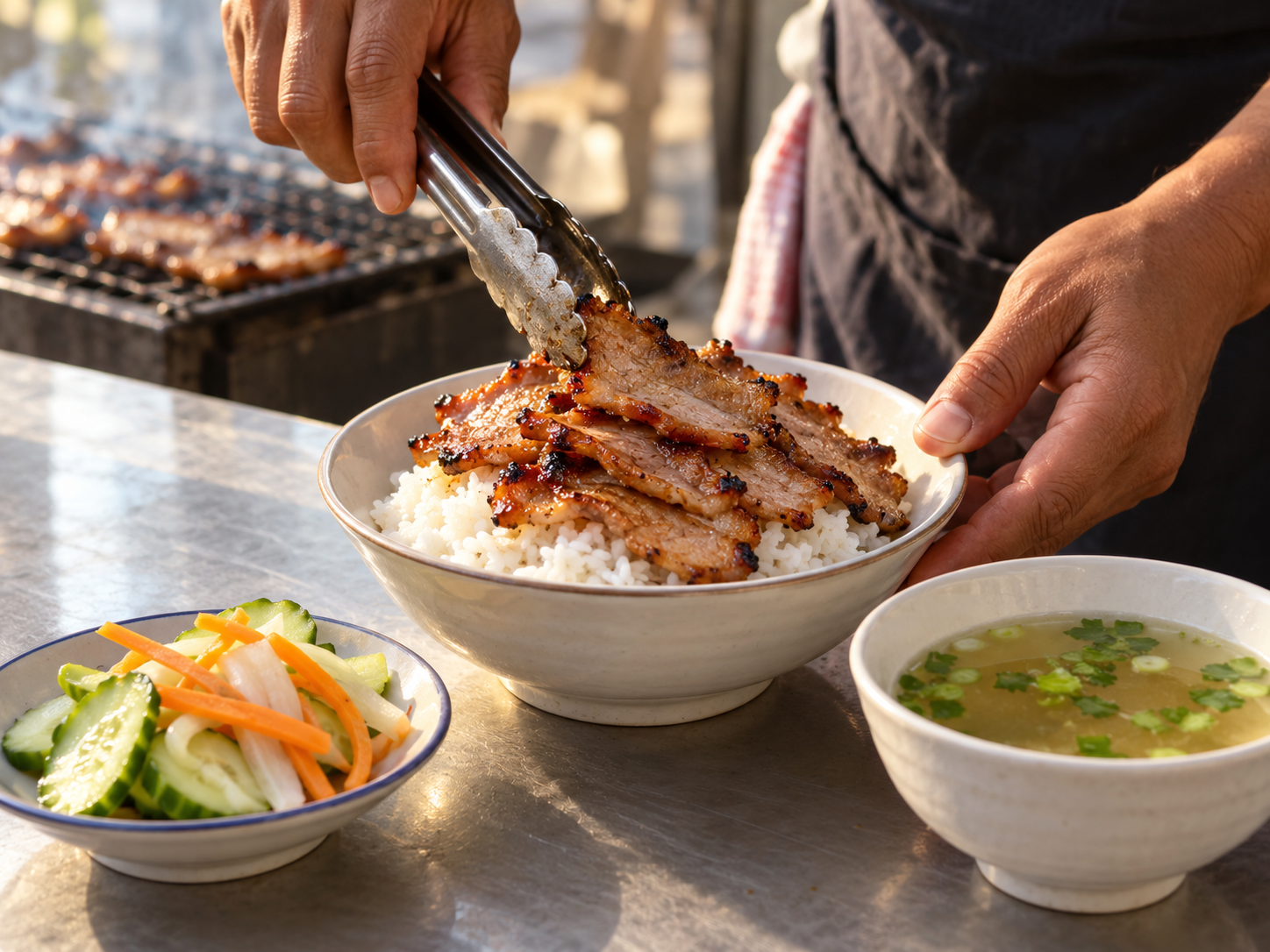 AI illustration of a cook placing grilled pork onto rice