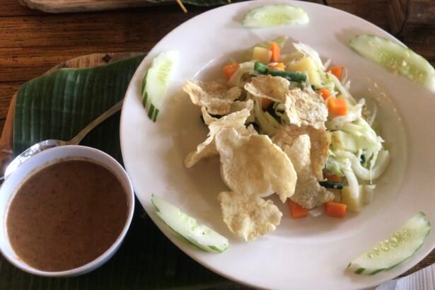 Gado-gado with vegetables, crackers and peanut sauce in Bukit Lawang