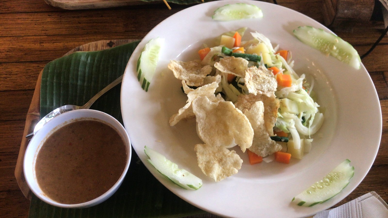 Gado-gado vegetables and crackers with peanut sauce in Bukit Lawang