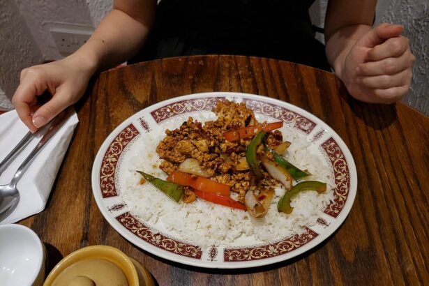 Pad kra pao-style stir-fry served with rice