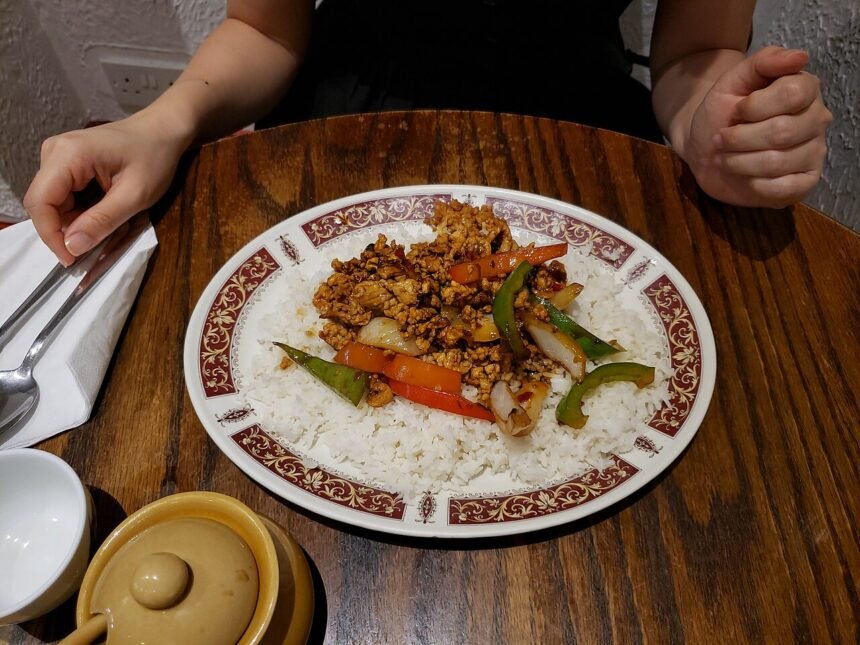 Pad kra pao-style stir-fry served with rice
