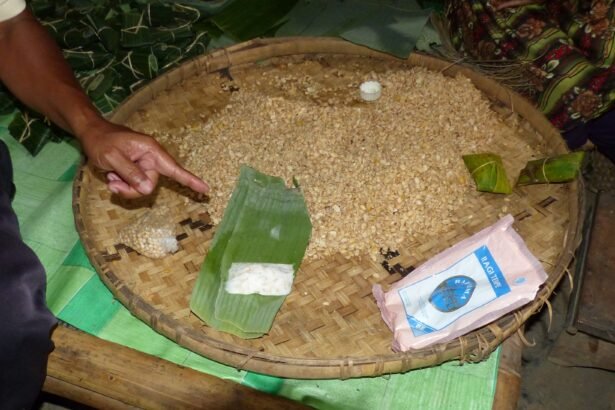 Soybeans and banana leaves laid out for tempe production in a Central Java village
