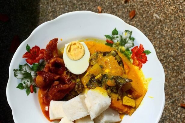 Semangkuk lontong kuah lodeh dengan sayur dan nasi impit