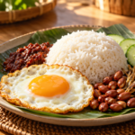 Ilustrasi nasi lemak dengan telur mata, sambal, timun, kacang dan ikan bilis