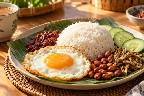 Ilustrasi nasi lemak dengan telur mata, sambal, timun, kacang dan ikan bilis