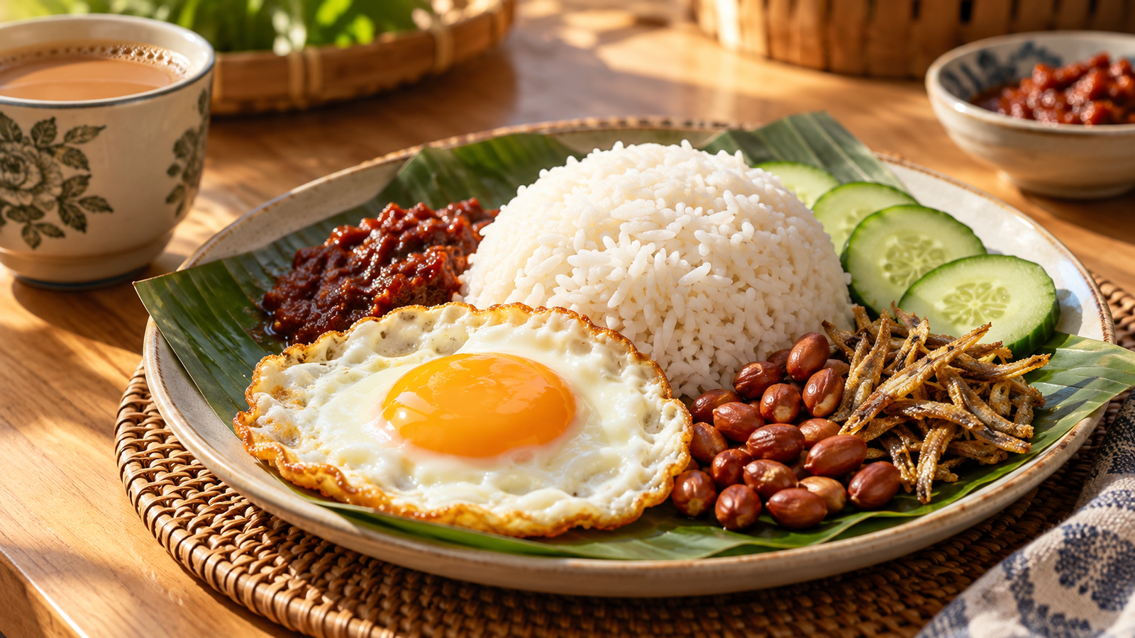 Ilustrasi nasi lemak dengan telur mata, sambal, timun, kacang dan ikan bilis
